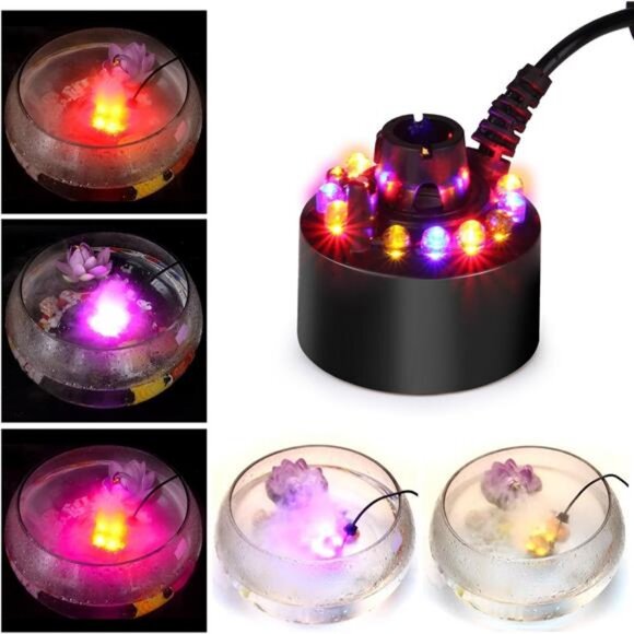 Mist Maker Fogger Practical Mister Forgger Decorative Water Fogger Mist Maker With 12 LED Light Multifunctional Mist Maker For Water Fountain Pond Rockery Vase